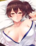 1girl bare_shoulders breasts breasts_apart brown_eyes brown_hair collarbone jewelry kaga_(kantai_collection) kantai_collection large_breasts light_smile looking_at_viewer lying off_shoulder on_back on_bed portrait ring rockmanwjh seductive_smile side_ponytail solo sweat 