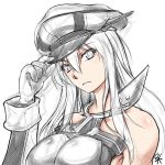  1girl bare_shoulders breastplate breasts cabbie_hat character_request detached_sleeves gloves hat kantai_collection large_breasts long_hair monochrome ootsuki_wataru partially_colored sketch solo 