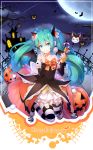  &gt;_&lt; 1girl :3 bare_shoulders bat bat_wings candy candy_cane collarbone detached_sleeves fang green_eyes green_hair halloween happy_halloween hatsune_miku highres holding horns jack-o&#039;-lantern long_hair looking_at_viewer smile solo striped striped_legwear twintails vocaloid wings x3 