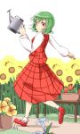  1girl flower green_hair highres kazami_yuuka long_sleeves open_clothes open_vest red_eyes shirt skirt skirt_set smile solo sunflower touhou vest watering_can yamato_(muchuu_paradigm) 