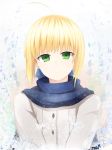  1girl ahoge blonde_hair coat fate/stay_night fate_(series) green_eyes hair_ribbon highres long_sleeves looking_at_viewer ribbon saber scarf smile solo xiaodi 