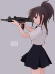  brown_eyes brown_hair gun highres imi_uzi kokudou_juunigou long_hair original ponytail school_uniform shirt skirt submachine_gun weapon 