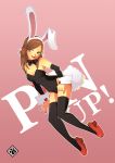  1girl animal_ears black_legwear bowtie breasts brown_eyes brown_hair bunny_girl bunny_tail bunnysuit cleavage detached_sleeves fake_animal_ears full_body heart long_hair nail_polish original rabbit_ears red_shoes ronron-ron shoes solo tail thigh-highs wrist_cuffs 