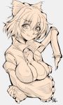  1girl bow breasts cleavage extra_legs hair_bow kurodani_yamame large_breasts licking_lips monochrome ootsuki_wataru short_hair sketch solo spider_legs tongue tongue_out touhou wide_sleeves 