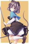  1girl ahoge animal_ears brown_eyes brown_hair dowsing_rod holding looking_at_viewer looking_back mouse_ears mouse_tail nazrin shoes short_hair solo tail touhou yuzu-aki 