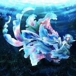  1girl blue_eyes blue_hair bubble head_fins japanese_clothes kimono mermaid mokokiyo_(asaddr) monster_girl obi sash solo touhou underwater wakasagihime 