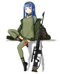  1girl backpack bag black_boots blue_hair boots coh dress green_dress green_legwear green_ribbon gun hairband jacket long_hair mars_expedition military military_uniform no_nose official_art ribbon rifle simple_background sitting smile solo thigh-highs uniform weapon weapon_request white_background 