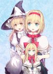  2girls alice_margatroid apron black_dress blonde_hair blue_eyes bow capelet culter dress hair_bow hat hat_bow kirisame_marisa long_sleeves multiple_girls open_mouth puffy_short_sleeves puffy_sleeves shanghai_doll short_sleeves smile touhou waist_apron witch_hat yellow_eyes 