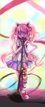  1girl animal_ears artist_request cable cat_ears commentary dress hair_ornament hands_together heart_hair_ornament long_image microphone microphone_stand nyanners_(character) open_mouth pink_hair print_legwear singing solo stalkeralker standing tall_image twintails 