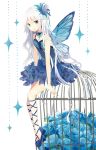  1girl blue_dress blue_eyes butterfly_wings cage dress flower hair_ornament long_hair looking_at_viewer natsume3304 original rose shoes sitting solo white_hair wings 
