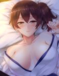  1girl bare_shoulders breasts breasts_apart brown_eyes brown_hair collarbone jewelry kaga_(kantai_collection) kantai_collection large_breasts light_smile lying off_shoulder on_back on_bed portrait ring rockmanwjh seductive_smile side_ponytail solo sweat 