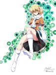  1girl arm_warmers blonde_hair blush boots breasts green_eyes knee_boots making_of mizuhashi_parsee ootsuki_wataru pointy_ears scarf short_hair sitting skirt solo touhou 