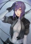  1girl absurdres bob_cut bodysuit breasts cable cropped_jacket cyborg fingerless_gloves ghost_in_the_shell ghost_in_the_shell_stand_alone_complex gloves hand_in_hair highres kusanagi_motoko lips nose purple_hair red_eyes short_hair shoulder_pads skin_tight solo unsomnus 