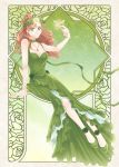  1girl arm_support art_nouveau bare_shoulders bishoujo_senshi_sailor_moon breasts brown_hair butterfly cleavage collarbone dress earrings flower full_body green_dress green_eyes hair_ribbon jewelry jupiter_symbol kino_makoto laurel_crown long_hair necklace nickii25 ponytail ribbon sitting smile solo 