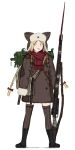  1girl animal_hat bag black_boots blonde_hair blue_eyes boots bow braid breath brown_legwear buttons coat coh full_body fur_trim gun hair_bow hat long_hair long_sleeves mars_expedition military military_uniform open_mouth red_bow red_scarf rifle scarf simple_background sleeves_past_wrists solo soviet standing star thigh-highs twin_braids uniform very_long_hair weapon weapon_request white_background zettai_ryouiki 