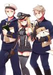  1girl 2boys :&lt; axis_powers_hetalia bare_shoulders bismarck_(kantai_collection) black_boots blonde_hair blue_eyes book boots breasts brown_hair clenched_teeth collared_shirt commentary_request crossover double-breasted elbow_gloves envelope germany_(hetalia) gloves grabbing grey_legwear hat hat_removed headwear_removed himaruya_hidekazu_(style) holding kantai_collection kuro long_hair looking_at_another looking_back military military_uniform multiple_boys necktie paper peaked_cap prussia_(hetalia) sailor_collar side_glance thigh-highs uniform walking 