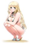  1girl alternate_costume atago_(kantai_collection) bikini blonde_hair blush breasts detached_collar green_eyes highres kantai_collection large_breasts long_hair looking_at_viewer side-tie_bikini simple_background smile solo squatting swimsuit tachibana_roku white_background 