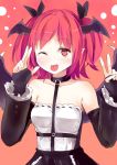  1girl bare_shoulders choker collarbone culter demon_girl demon_wings detached_sleeves hair_ribbon head_wings koakuma one_eye_closed pointy_ears red_eyes redhead ribbon shirt skirt smile solo tongue tongue_out touhou two_side_up wings 
