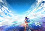  1girl back blouse blue_hair boots bow clouds food from_behind fruit full_body hand_on_hilt hat hinanawi_tenshi kanekiru long_hair paper_airplane peach reflection ripples skirt sky solo sword_of_hisou touhou walking walking_on_water water 