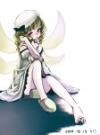  blonde_hair blush bow dress drill_hair fairy_wings flustered hair_bow hair_tussle looking_at_viewer luna_child mob_cap namauni open_mouth short_hair sitting sleeves_rolled_up touhou twintails white_dress wings 