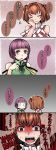  2girls 4koma adapted_costume aoshima bare_shoulders breasts brown_hair closed_eyes comic commentary_request desk detached_sleeves hair_bobbles hair_ornament hat hieda_no_akyuu highres japanese_clothes motoori_kosuzu multiple_girls o_o purple_hair red_eyes sparkle touhou translation_request violet_eyes 
