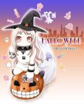  1girl airplane arino_hiroshi blush_stickers candy dress ghost halloween hat holding horns kantai_collection lollipop long_hair looking_at_viewer mittens northern_ocean_hime pac-man_(game) red_eyes shinkaisei-kan silver_hair sitting solo trick_or_treat white_dress white_skin witch_hat 