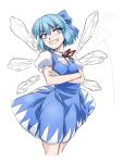  1girl blue_dress blue_eyes blue_hair bow cirno cowboy_shot cropped_legs crossed_arms dress grin hair_bow ice ice_wings ootsuki_wataru short_hair small_breasts smile solo touhou wings 