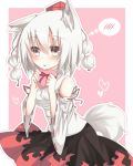  1girl animal_ears bare_shoulders blush breasts detached_sleeves gift grey_eyes hat heart highres inubashiri_momiji looking_at_viewer open_mouth otowa_(otoha4634) pom_pom_(clothes) short_hair silver_hair sitting solo speech_bubble tail tokin_hat touhou wolf_ears wolf_tail 