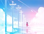  1girl asahina_hiyori black_hair cable clouds highres kagerou_project lilya long_hair low_twintails power_lines reflection road_sign sign sky solo telephone_pole twintails 