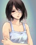 1girl another black_hair bust eyelashes eyepatch hair_over_one_eye hirodi holding_arm looking_at_viewer misaki_mei red_eyes short_hair smile solo tank_top 