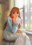  1girl 569_(hyohyo) apple bangs blunt_bangs blurry brown_hair casual food fruit green_eyes highres holding honey_and_clover long_hair long_skirt long_sleeves open_mouth skirt solo white_skirt yamada_ayumi 