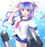  1girl antennae blue_hair fuuen_(akagaminanoka) hair_ornament hair_ribbon i-19_(kantai_collection) kantai_collection necktie open_mouth puffy_short_sleeves puffy_sleeves red_eyes ribbon salute school_swimsuit school_uniform serafuku short_sleeves smile solo star star-shaped_pupils swimsuit swimsuit_under_clothes symbol-shaped_pupils torpedo two_side_up 