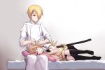  1boy 1girl apron blonde_hair closed_eyes ear_cleaning lap_pillow long_hair lu_hao_liang satou_jun short_hair sword todoroki_yachiyo waitress weapon working!! 