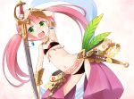  armpits bikini bracelet chaps dancer_(sekaiju) green_eyes jewelry minami_juujisei navel pink_hair sekaiju_no_meikyuu sekaiju_no_meikyuu_4 swimsuit sword twintails weapon 