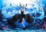  1girl absurdly_long_hair absurdres armpits arms_up artist_name barefoot blue_eyes blue_hair bubble coral dress floating_hair hair_ribbon hatsune_miku highres litsvn long_hair ribbon shinkai_shoujo_(vocaloid) smile solo submerged twintails underwater very_long_hair vocaloid 