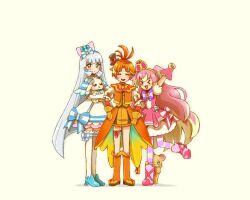  1boy 2girls ahoge animal antenna_hair aqua_shoes arm_up arm_warmers blonde_hair blunt_bangs boots bow bowtie cropped_jacket crown crown_earrings cure_nyammy cure_wing cure_wonderful dress earrings full_body gloves hair_bow hairband hat hirogaru_sky!_precure holding holding_animal holding_another's_arm in-franchise_crossover inukai_komugi jacket jewelry knee_boots long_hair magical_boy magical_girl mahou_girls_precure! mini_crown mini_hat mofurun_(mahou_girls_precure!) multicolored_hair multiple_girls nekoyashiki_yuki off-shoulder_dress off_shoulder orange_boots orange_gloves orange_hair orange_jacket orange_shorts orange_vest pantyhose pink_dress pink_hair pleated_dress precure puffy_short_sleeves puffy_sleeves purple_bow purple_bowtie rabbit shirt shoes short_hair short_sleeves shorts simple_background skirt skirt_under_dress standing straight_hair striped_bow striped_bowtie striped_clothes striped_pantyhose thigh-highs thigh_strap toyama_daifuku two-tone_hair two_side_up very_long_hair vest white_background white_dress white_hair white_shirt white_skirt white_thighhighs wonderful_precure! wrist_cuffs yuu13 yuunagi_tsubasa 