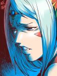  1girl blue_eyes bust circlet disgust echidna_(p&amp;d) face facial_mark fangs headdress ishiyumi jewelry long_hair puzzle_&amp;_dragons silver_hair solo 