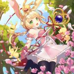  1girl :d animal_ears bare_shoulders black_legwear blonde_hair blush bowtie character_request copyright_request detached_collar dutch_angle fang flower frilled_skirt frills fur_trim gloves green_eyes holding kyoma_(yellowxcake) long_hair neck_ribbon open_mouth outdoors petals pink_gloves rabbit rabbit_ears ribbon skirt smile solo thigh-highs tree wand 