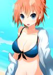  1girl bikini blue_eyes dress_shirt front-tie_top off_shoulder open_mouth redhead shirt short_hair sky solo strap_gap suneo swimsuit yahari_ore_no_seishun_lovecome_wa_machigatteiru. yuigahama_yui 