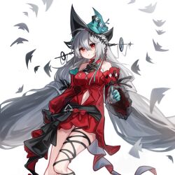  1girl absurdres angelfish aqua_gloves aqua_hat arknights ascot bare_shoulders black_ascot breasts clothing_cutout cowboy_shot detached_sleeves dress fish gloves grey_hair hair_between_eyes hair_ornament hair_ribbon hat highres leg_ribbon long_hair long_sleeves looking_at_viewer medium_breasts navel_cutout official_alternate_costume pixiv_id_109546937 pointy_hat red_dress red_eyes red_sleeves ribbon simple_background skadi_(arknights) skadi_the_corrupting_heart_(arknights) solo standing standing_on_one_leg tropical_fish very_long_hair white_background 