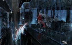  1girl aqua_gloves aqua_hat arknights bare_shoulders boots building detached_sleeves dress dutch_angle facing_away fish from_behind full_body glass gloves grey_hair hat leg_ribbon long_hair long_sleeves official_alternate_costume pointy_hat rain red_dress red_sleeves reflection ribbon scenery signature skadi_(arknights) skadi_the_corrupting_heart_(arknights) skyscraper solo tropical_fish very_long_hair water wide_shot window xiandin 