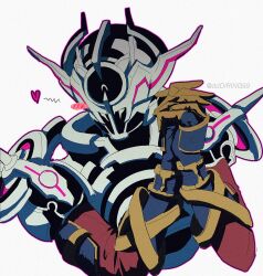  1boy alien armor black_hole blue_gloves blush_stickers bodysuit dddiring99 evol_blackhole evolto gloves glowing helmet highres kamen_rider kamen_rider_build_(series) kamen_rider_evol male_focus own_hands_together pink_eyes science_fiction shoulder_armor shoulder_spikes solo spikes tokusatsu upper_body villain_pose white_armor white_background 