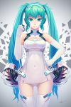  1girl 2014 :p aqua_eyes aqua_hair clenched_hand covered_navel dated elbow_gloves gloves hand_on_hip hatsune_miku headphones highres leotard long_hair smile solo thigh-highs tongue tongue_out twintails tyc001x very_long_hair vocaloid 