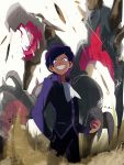  1boy ace_trainer_(pokemon) aerodactyl artist_name dated green_eyes grin hand_in_pocket looking_at_viewer male mega_aerodactyl monoka open_mouth poke_ball pokemon pokemon_(game) pokemon_xy purple_hair smile solo standing violet_eyes white_background 