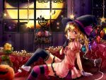  1girl alternate_costume black_gloves black_legwear blonde_hair candy cat_pillow couch crescent dress flandre_scarlet gloves glowing glowing_wings halloween halloween_costume hat high_heels jack-o&#039;-lantern licking lollipop looking_at_viewer pink_dress puffy_short_sleeves puffy_sleeves red_eyes shironeko_yuuki short_sleeves side_ponytail smile solo star striped striped_legwear thigh-highs tongue tongue_out touhou white_gloves wings witch_hat zettai_ryouiki 