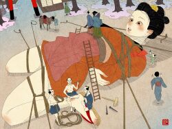  1girl absurdres black_hair bound eyelashes giant giantess gulliver's_travels highres horse japanese_clothes nihonga sandals sei5osuzuki shibari shibari_over_clothes ukiyo-e 