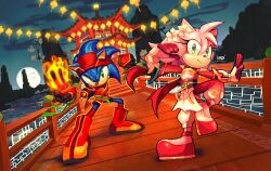  1boy 1girl absurdres amy_rose artist_collaboration blue_fur body_fur chinese_new_year daeream fire full_body full_moon green_eyes highres jacket kornart moon pink_fur red_jacket sonic_(series) sonic_the_hedgehog standing v 