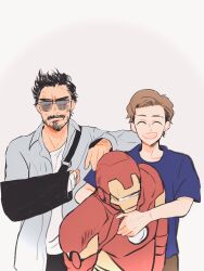  2boys animification arc_reactor arm_sling armor bandaged_arm bandages black_hair blue_shirt broken_eyewear brown_hair closed_eyes collared_jacket commentary_request cowboy_shot facial_hair grey_jacket hand_on_another's_shoulder highres iron_man jacket long_sleeves male_focus marvel marvel_cinematic_universe multicolored_armor multiple_boys open_clothes open_jacket open_mouth peter_parker power_armor red_armor shirt short_hair short_sleeves simple_background smile standing sunglasses t-shirt teeth tony_stark ushishinoshi v-shaped_eyebrows white_background white_shirt yellow_armor 