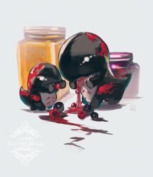  arknights bitey_(arknights) blueberry commentary_request food fruit glint grey_background hemorina highres jar no_humans raspberry sharp_teeth simple_background standing teeth watermark 