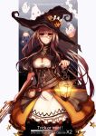  1girl 2014 alternate_costume amagi_brilliant_park artist_name belt belt_pouch breasts brown_hair capelet cleavage dated english ghost gun hat jack-o&#039;-lantern lantern long_hair monocle rifle sento_isuzu solo trick_or_treat very_long_hair watermark weapon web_address witch_hat x2 yellow_eyes 